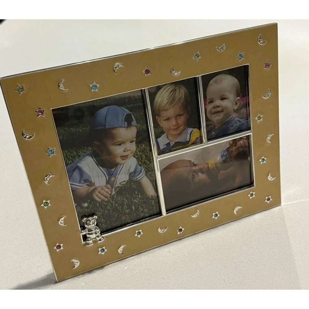 Astor Lane Multi Photo Frame Silver Metal Yellow‎ Enamel Baby Bear NEW In Box